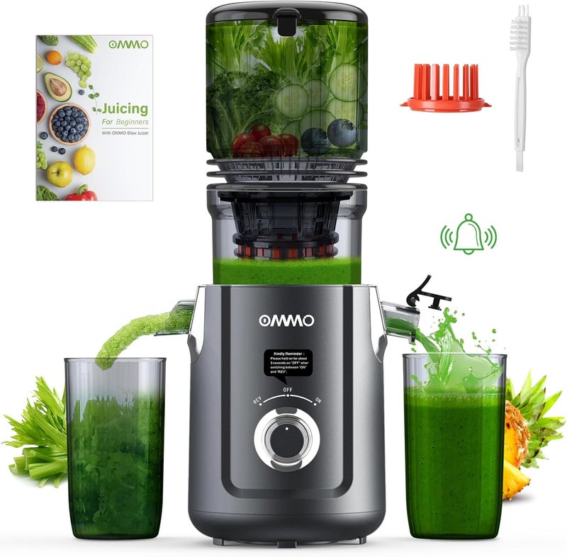 OMMO Cold Press Juicer Machines: 5.1" Wide Feed Chute Slow Masticating Juicer for Whole Fruits & Vegetables, Easy to Clean, High Juice Yield, BPA Free, Grey - Image 1